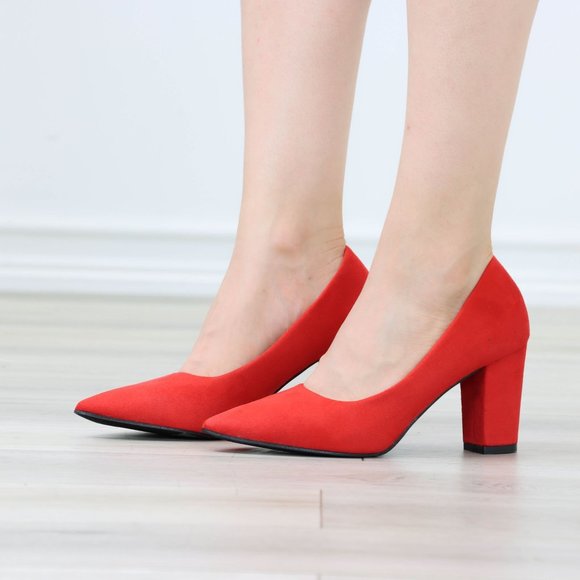 Classic Block High Heel Slip On Pointed Toe Pumps Red Suede - Picture 10 of 12